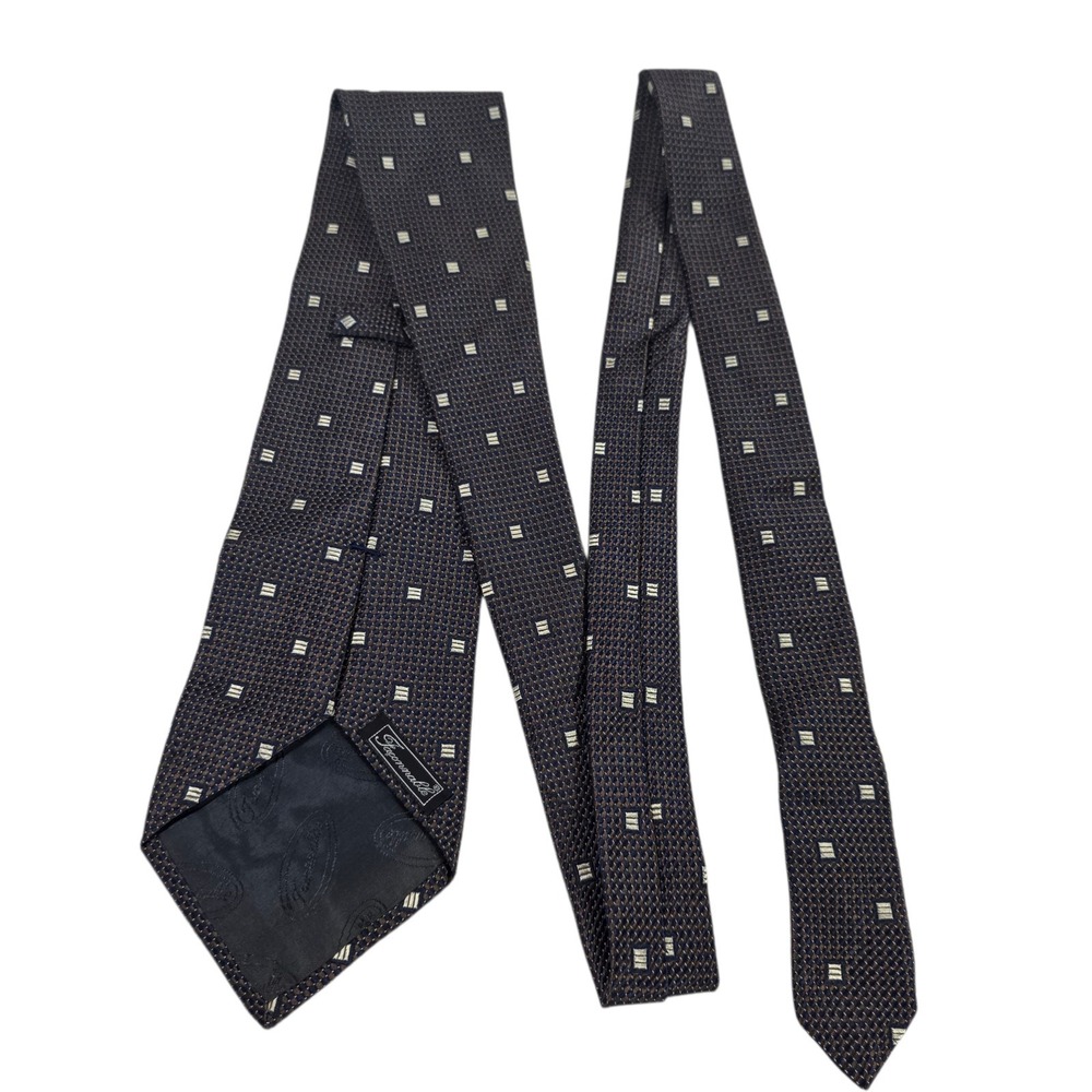 Faconnable Men's Tie Necktie Designer Luxury Brown Blue Geometric France Silk